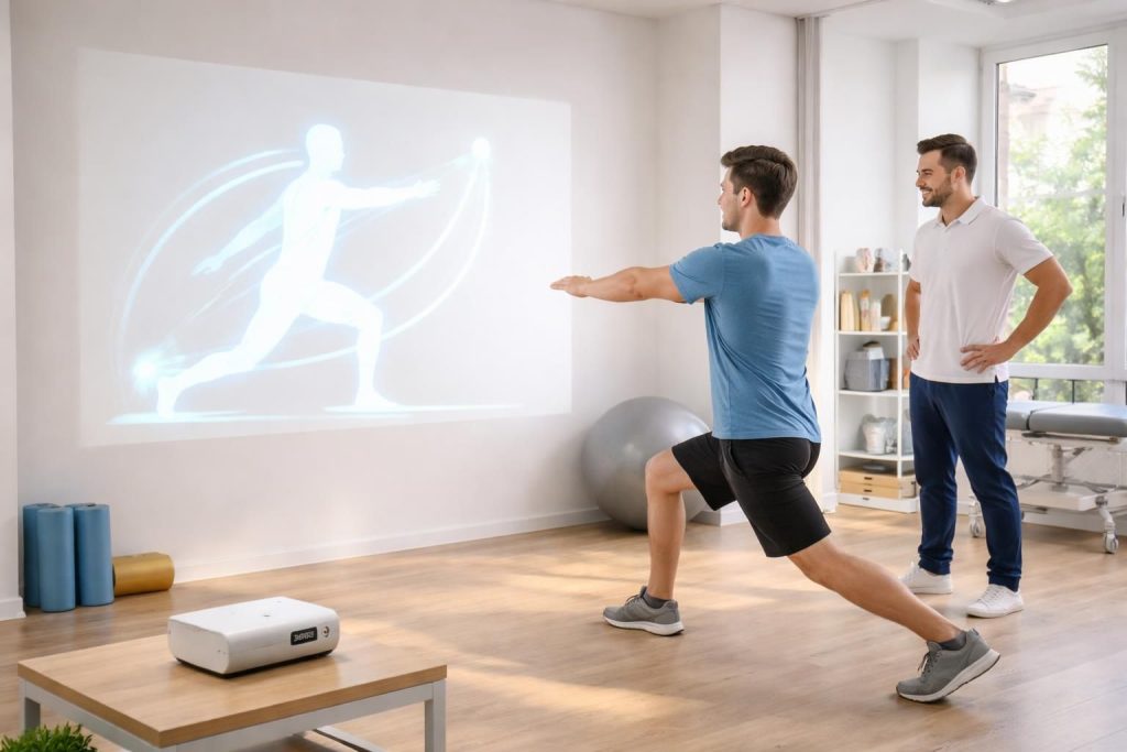 découvrez des exercices de rééducation kiné innovants projetés au mur grâce au mini vidéoprojecteur epson, alliant technologie et efficacité pour un suivi optimal.