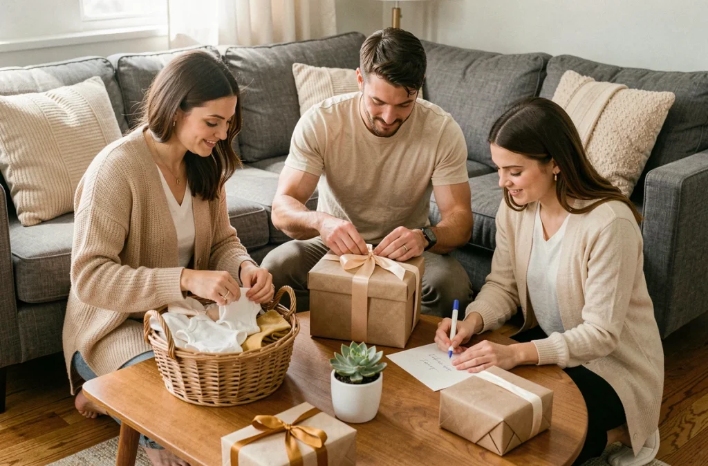 Groupe d'amis préparant des cadeaux et organisant une célébration avant l'arrivée du bébé