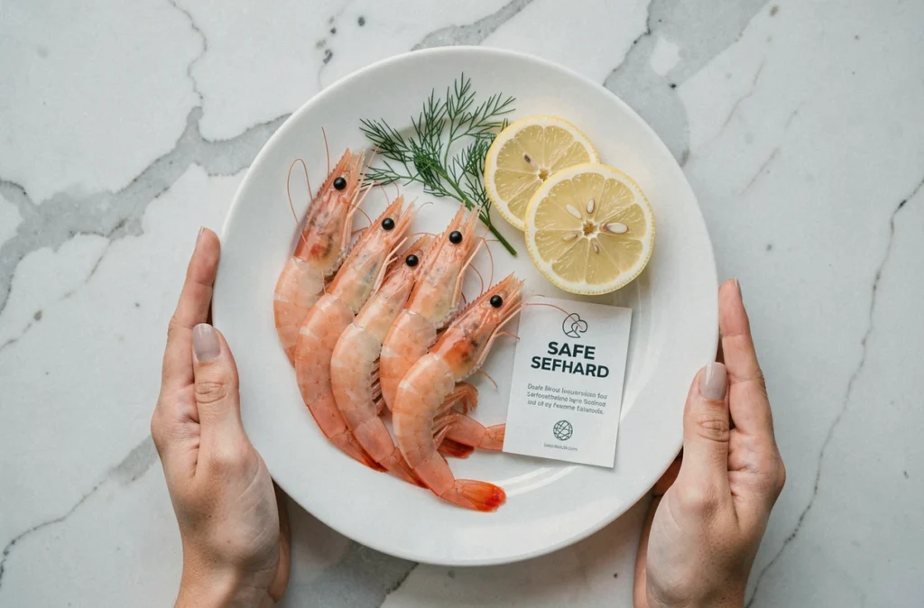 Assiette de crevettes roses fraîches tenues par une femme enceinte, présentation élégante sur marbre blanc
