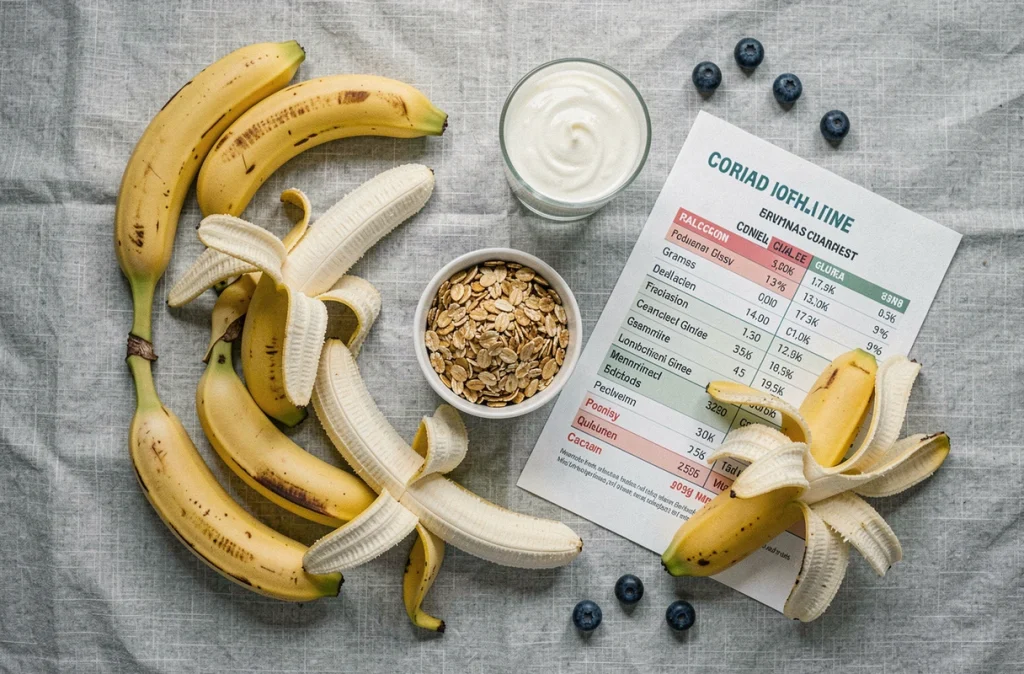 Vue de dessus d'un assortiment de bananes à différents stades de mûrissement avec tableau comparatif des calories pour choisir la variété la moins sucrée