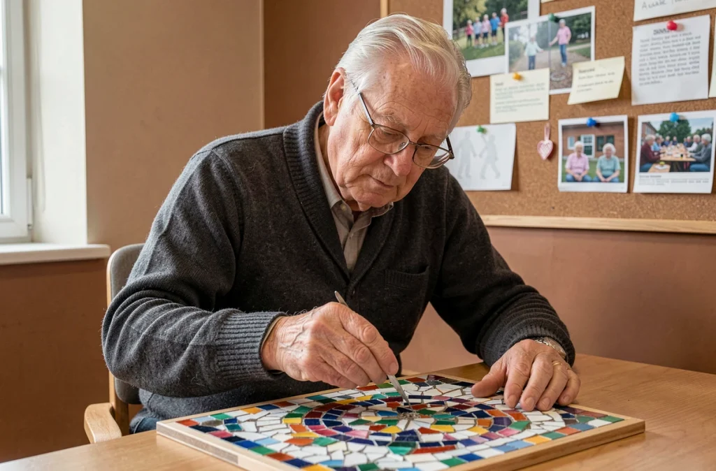 Un homme âgé concentré réalise une mosaïque dans un atelier créatif, une activité manuelle reconnue pour stimuler la mémoire des seniors