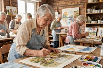 Une femme âgée concentrée peint à l'aquarelle dans un atelier créatif pour seniors, stimulant sa mémoire par l'art