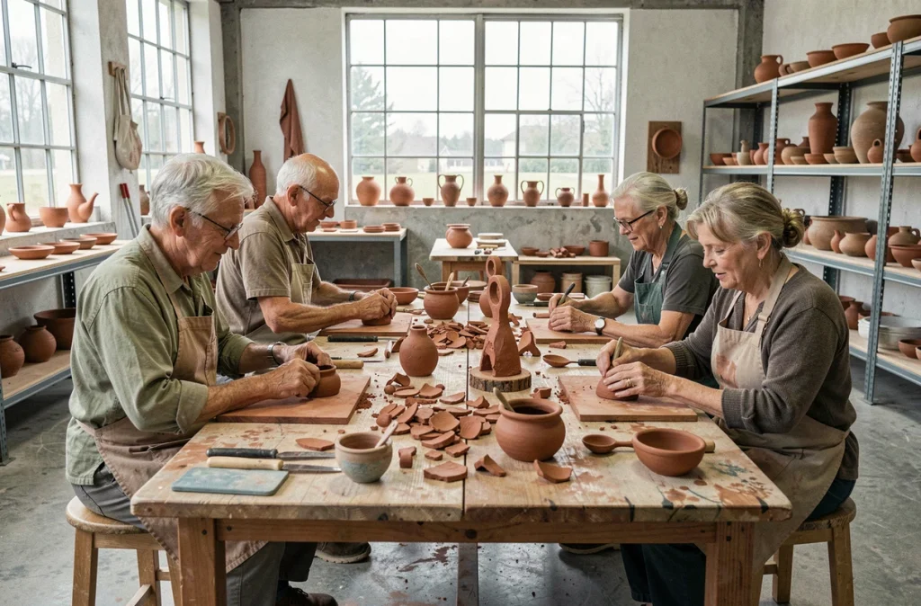 Un groupe de seniors participe à un atelier de poterie en argile, favorisant la mémoire et le lien social par la création collective