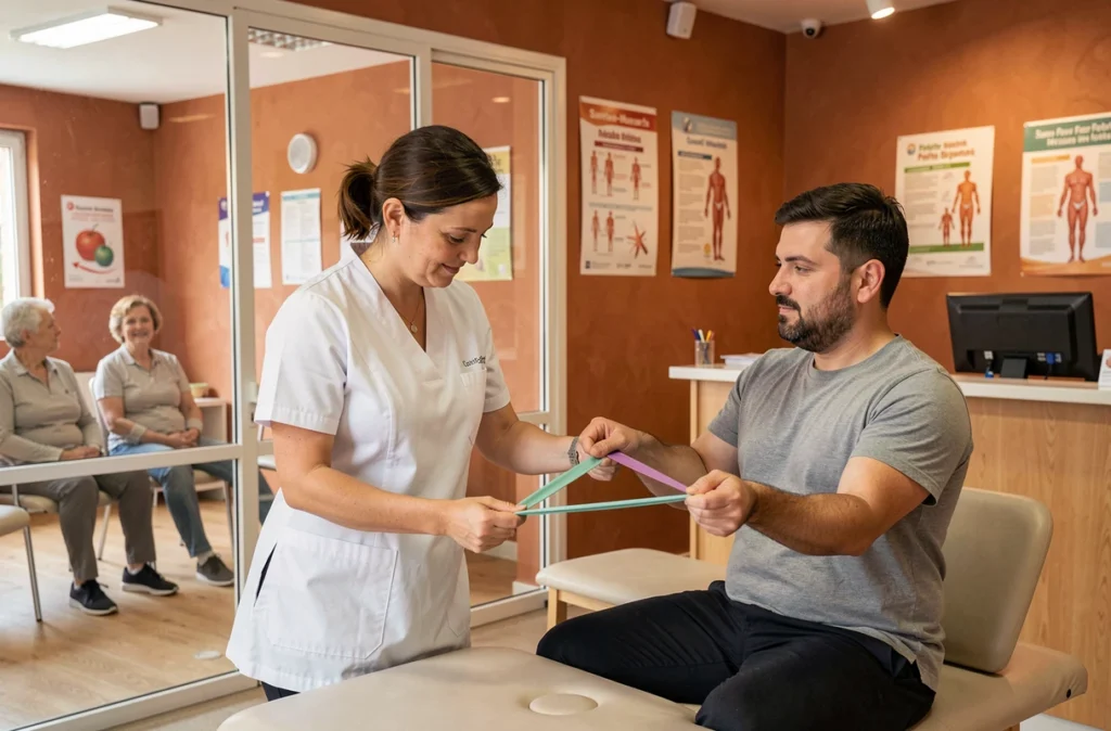 Kinésithérapeute du Centre Kiné Santé CKS Sainte Marthe expliquant un exercice à un patient