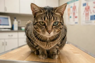 Chat tigré avec une pupille dilatée posé sur une table vétérinaire, signe possible d'anisocorie ou d'un problème de santé