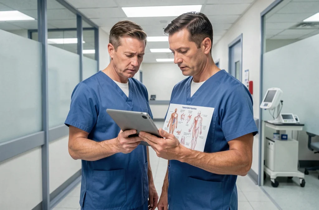 Chirurgien spécialisé consultant des schémas médicaux sur tablette dans un couloir d'hôpital moderne