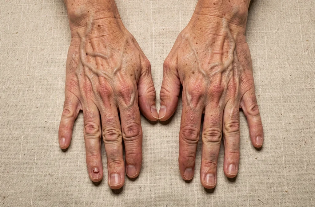 Comparaison entre un ongle sain et un ongle présentant une atteinte matricielle visible sur deux mains