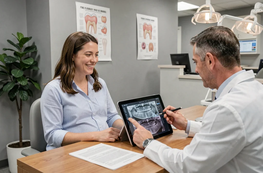 Femme enceinte en consultation dentaire prénatale discutant de son bilan bucco-dentaire avec son dentiste