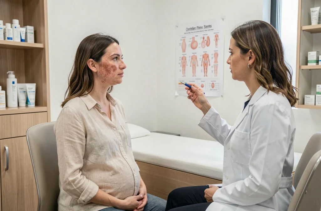Femme enceinte consultant une dermatologue pour des changements cutanés et problèmes de peau liés à la grossesse