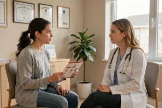 Consultation médicale entre une femme transgenre et une chirurgienne spécialisée dans un cabinet moderne et rassurant