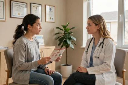 Consultation médicale entre une femme transgenre et une chirurgienne spécialisée dans un cabinet moderne et rassurant