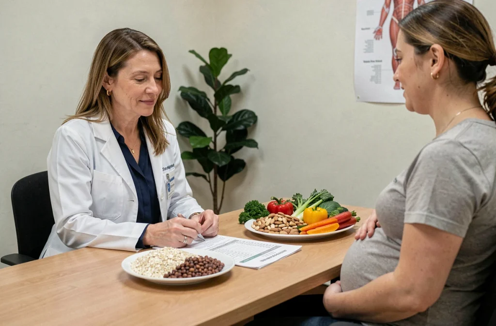 Nutritionniste conseillant une femme enceinte sur un plan alimentaire adapté pour prévenir le diabète gestationnel