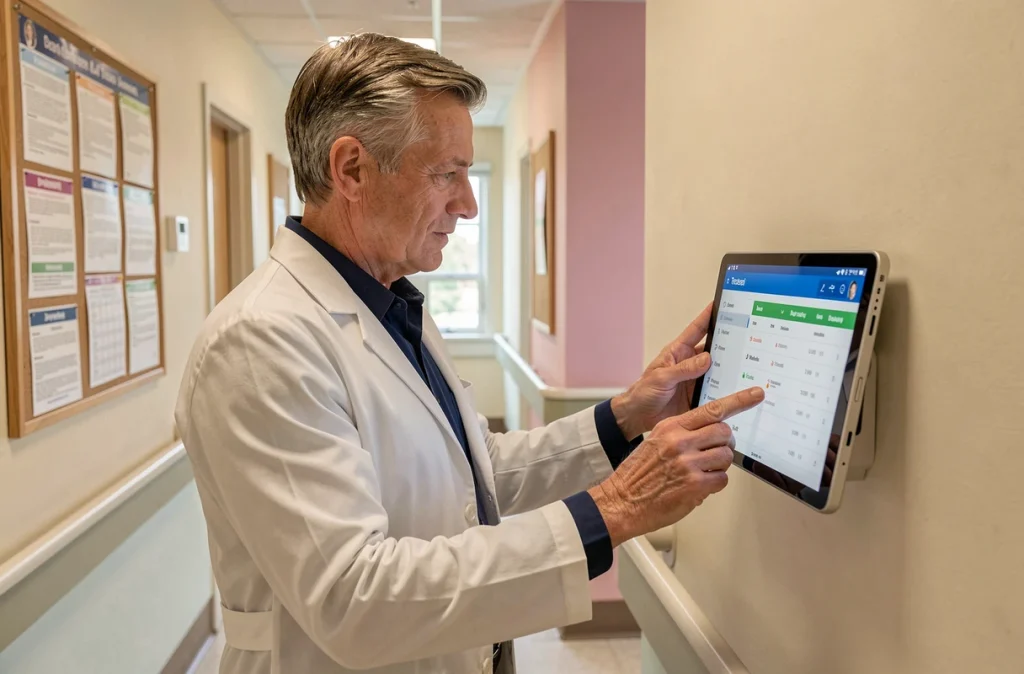 Coordinateur de soins consultant un tableau de bord de traçabilité sur tablette dans un couloir d'EHPAD
