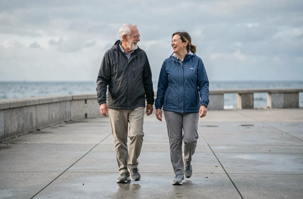 Couple de seniors se promenant sur une promenade côtière pour rester actifs et mobiles