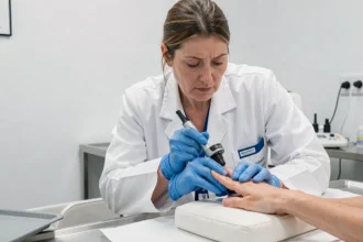 Dermatologue examinant un ongle abîmé avec un dermatoscope lors d'une consultation médicale