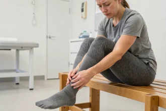 Femme tenant le côté extérieur de son pied gauche dans une clinique de physiothérapie, exprimant une douleur latérale du pied