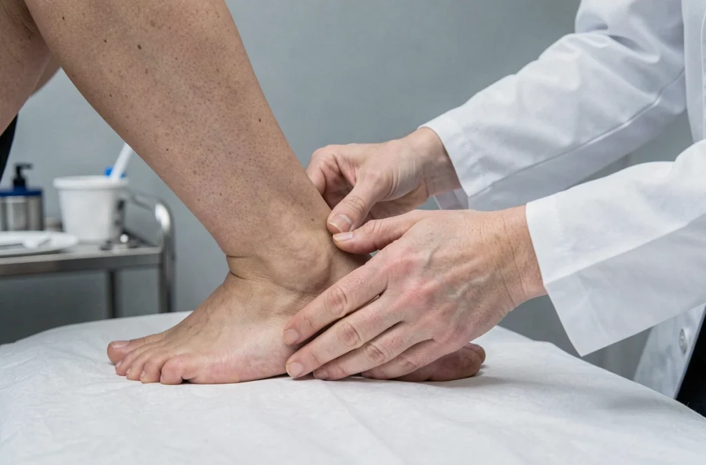 Gros plan d'une podologue examinant le côté extérieur du pied gauche d'une patiente sur une table d'examen médicale