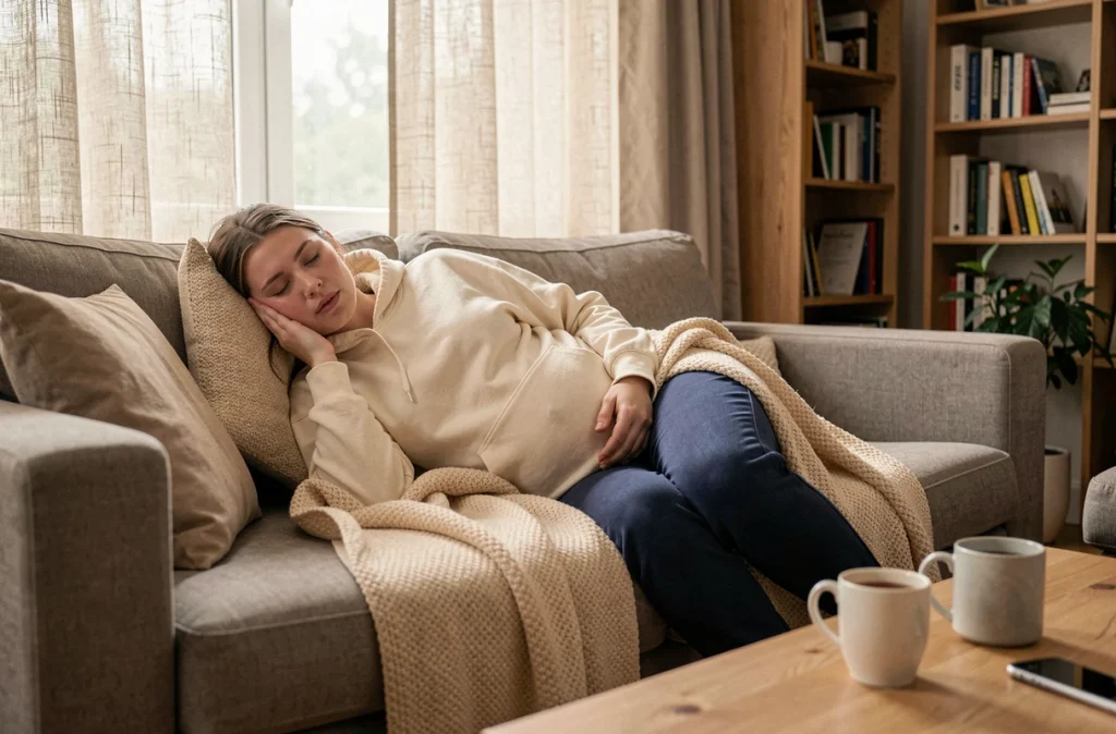 Femme enceinte au premier trimestre faisant une sieste sur le canapé du salon en journée