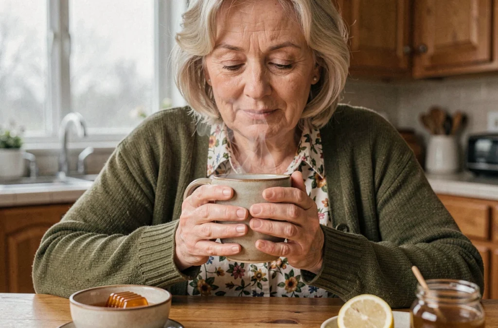 Femme âgée tenant une tasse de tisane chaude pour calmer une quinte de toux, remède naturel à la maison