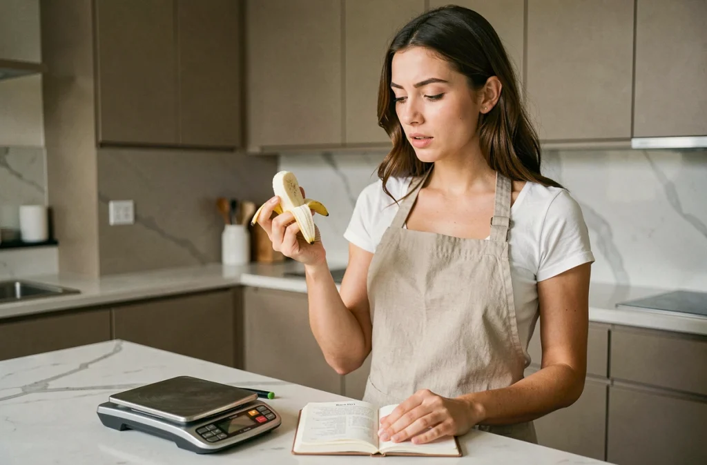 Femme analysant la teneur en calories d'une banane coupée en deux dans une cuisine moderne avec balance de cuisine