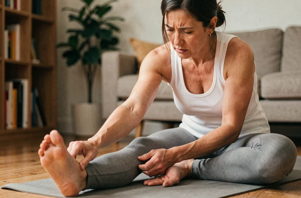 Femme en legging assise sur un tapis de yoga examinant la douleur sur le bord extérieur de son pied gauche à domicile