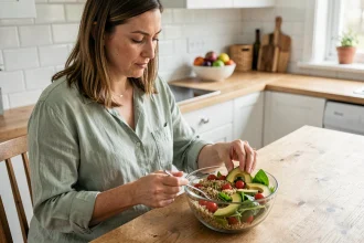 Femme enceinte préparant une salade nutritive à base de quinoa et légumes frais pour prévenir le diabète gestationnel