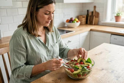 Femme enceinte préparant une salade nutritive à base de quinoa et légumes frais pour prévenir le diabète gestationnel