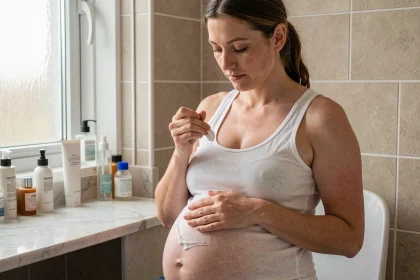 Femme enceinte appliquant une crème hydratante sur son ventre pour prévenir les vergetures pendant la grossesse