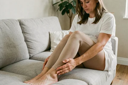 Femme enceinte au troisième trimestre massant ses jambes lourdes assise sur un canapé en lin gris dans un salon apaisant