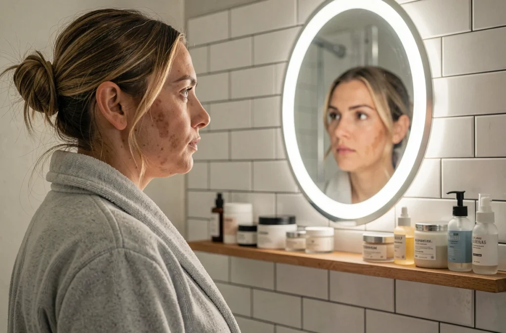 Femme enceinte examinant les taches de melasma et changements de teint sur son visage dans un miroir de salle de bain