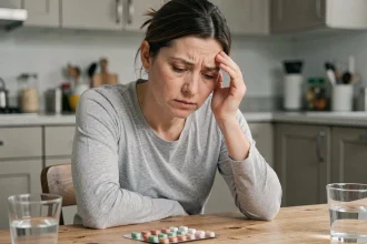 Femme fatiguée assise à une table de cuisine tenant sa tête dans ses mains, symptômes discrets de malaise liés au Covid 2026