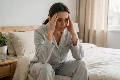 Femme fatiguée assise sur le bord d'un lit le matin, illustrant les troubles du sommeil et la fatigue chronique traités sur le blog santé Celyatis