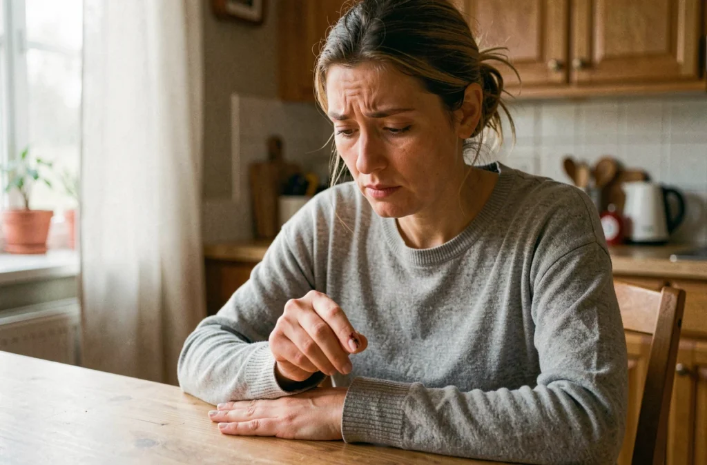 Femme préoccupée examinant son ongle abîmé à la maison, atteinte matricielle possible
