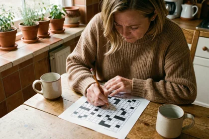 Femme résolvant une grille de mots fléchés à la table de cuisine, cherchant un parti du corps en K