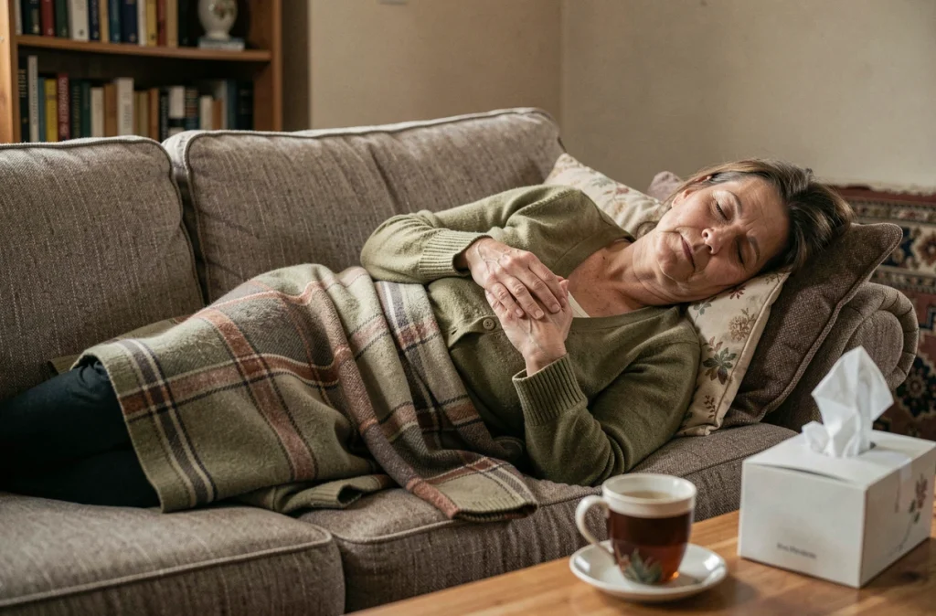 Femme allongée sur un canapé avec une tasse de tisane et des mouchoirs, symptômes discrets et fatigue liés au nouveau variant Covid 2026