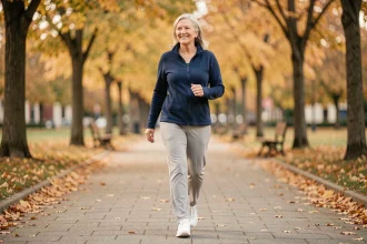 Senior femme active marchant dans un parc en automne pour améliorer sa mobilité