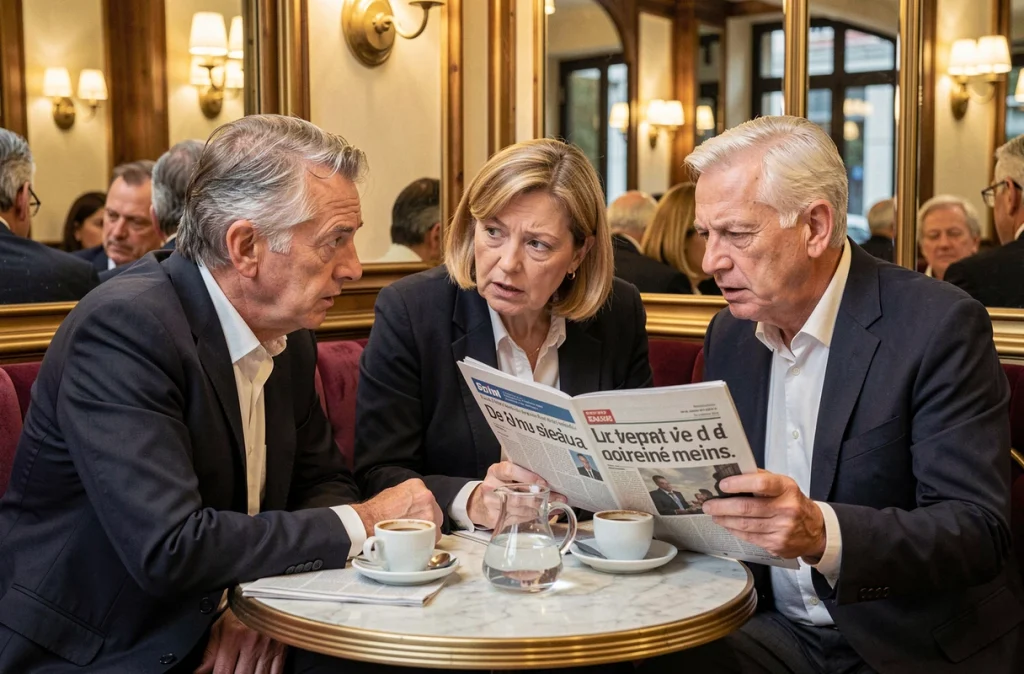 Trois Français discutant avec intérêt d'un article de presse politique dans une brasserie parisienne
