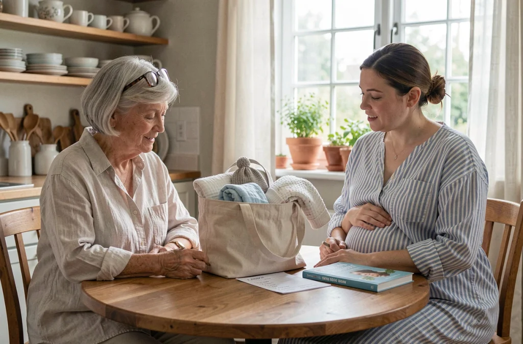 Grand-mère et future maman planifiant ensemble l'arrivée du bébé autour d'une liste de préparatifs