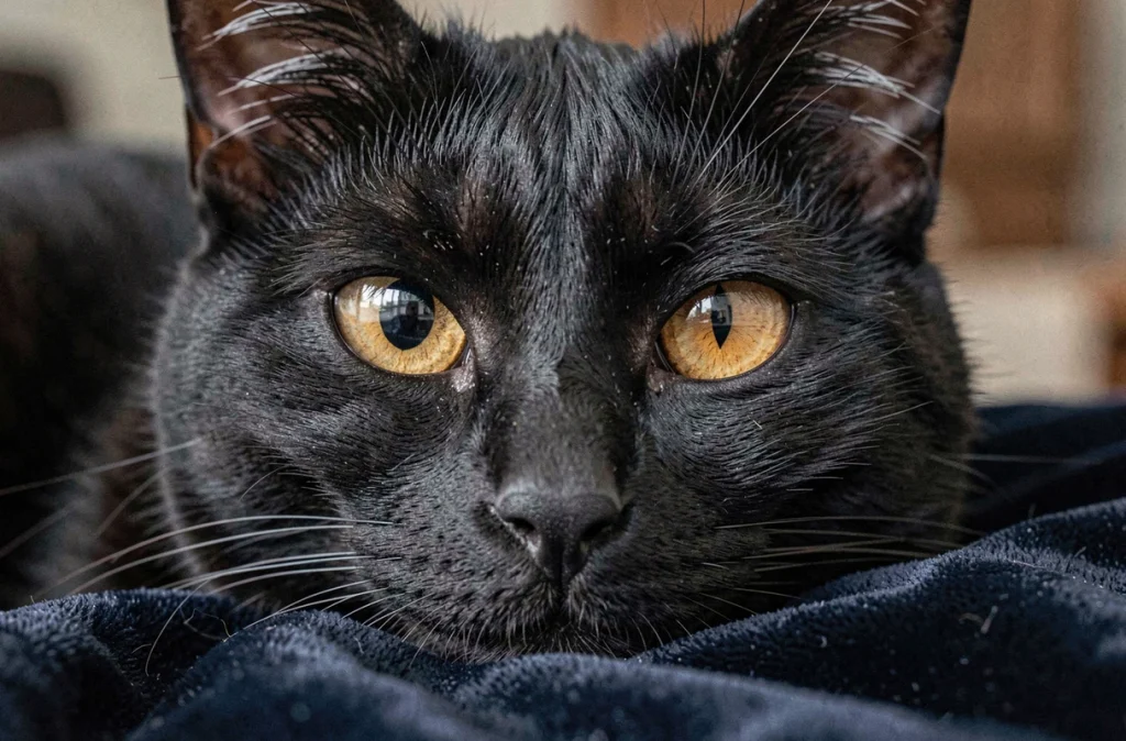 Gros plan sur les yeux d'un chat noir avec une pupille dilatée et l'autre normale, signe d'anisocorie féline