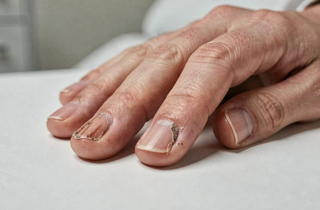 Gros plan sur un ongle abîmé montrant des stries et une déformation liées à une atteinte matricielle
