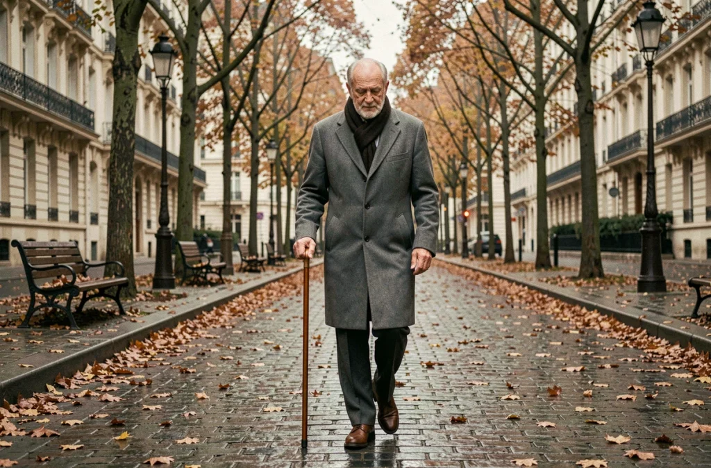 Homme politique âgé marchant seul sur un boulevard parisien en automne avec une canne
