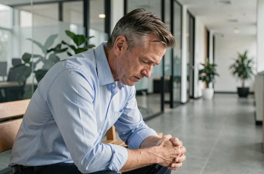 Homme en milieu professionnel assis dans un couloir de bureau avec une expression de malaise, illustrant des symptômes subtils du nouveau variant Covid 2026