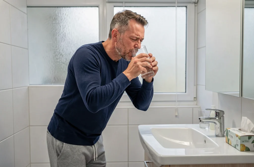 Homme buvant un verre d'eau dans une salle de bain pour soulager une quinte de toux, expression de soulagement