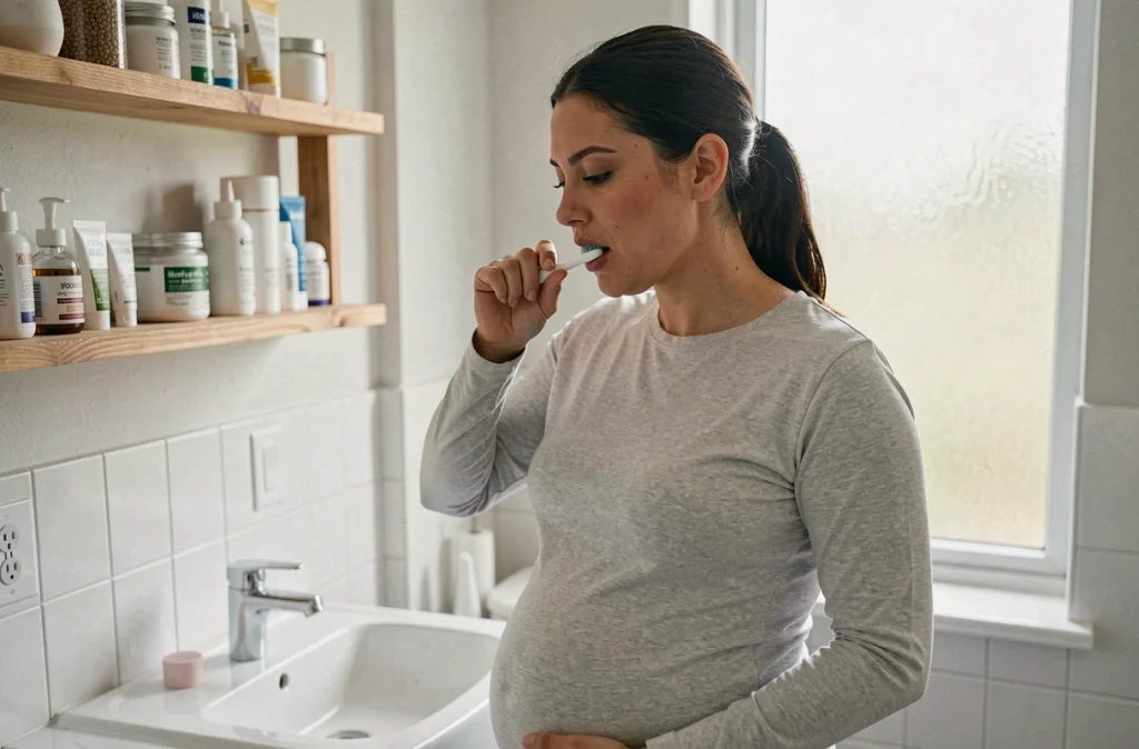 Femme enceinte se brossant les dents avec soin dans sa salle de bain, illustrant l'hygiène bucco-dentaire pendant la grossesse