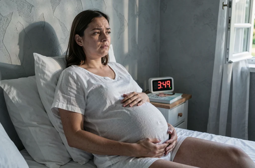 Femme enceinte au troisième trimestre réveillée la nuit en position semi-assise dans son lit