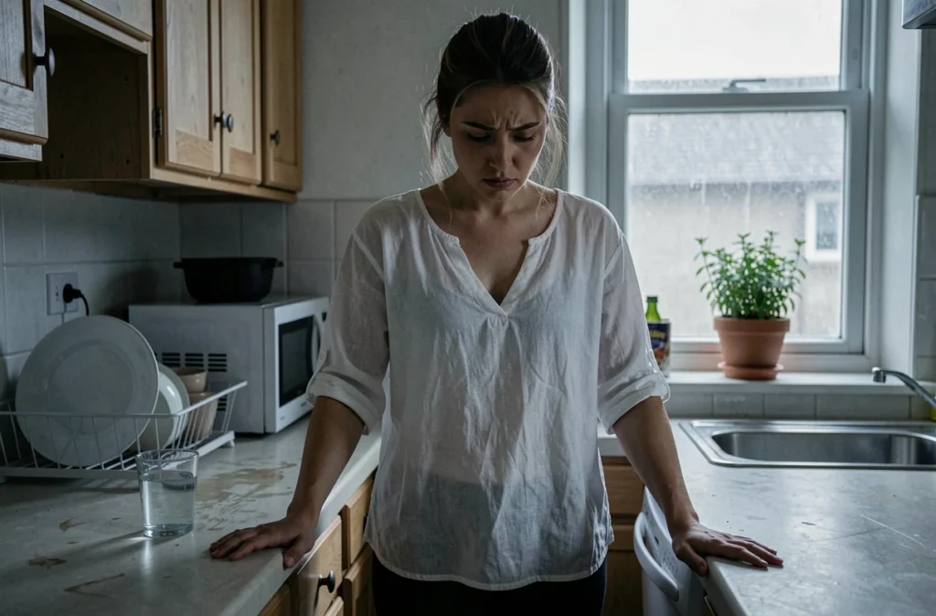 Jeune femme pensive dans une cuisine, tenant un verre d'eau, illustrant le lien entre stress émotionnel, enfance blessée et troubles digestifs comme le diverticule