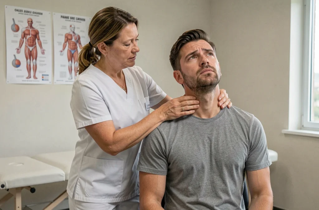 Kinésithérapeute examinant le trapèze et la nuque d'un patient souffrant de nerf coincé en cabinet