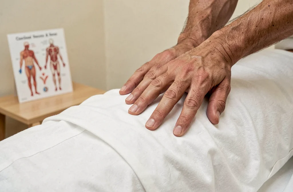 Gros plan sur les mains d'un ostéopathe réalisant une manipulation vertébrale pour soulager le mal de dos