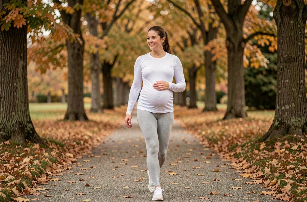 Femme enceinte marchant dans un parc en automne entouré de feuilles dorées lors d'une promenade douce et apaisante