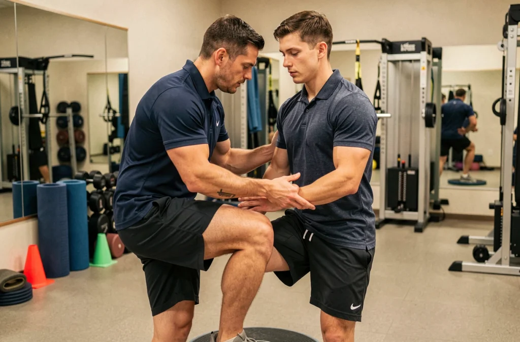 Kinésithérapeute spécialisé en sport aidant un athlète lors d'un exercice de rééducation